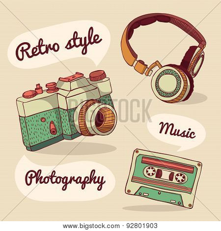 Set of retro items. Camera, headphones, audio cassette.Vector