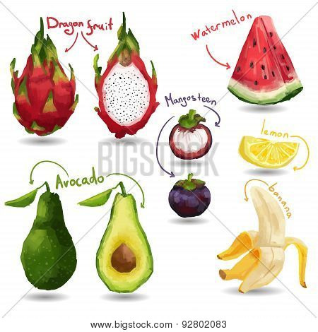 Set of tropical fruits. Watercolor style. Isolated vector.