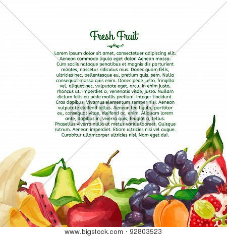 Template brochure or flyer with a decorative design made of fruits in watercolor style on a white ba