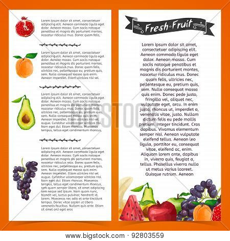 Template flyer or brochure with decorative elements in the form of fruits. On a orange background. P