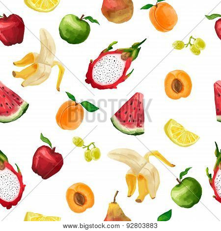 Seamless pattern of different fruits in a watercolor style light color. On a white background. Vecto