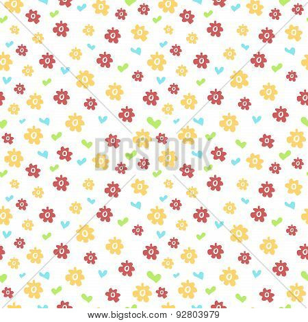 Seamless pattern with colored flowers and hearts. Simple style. Vector.