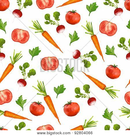 Seamless pattern with radishes, carrots and tomatoes. Watercolor style. vector