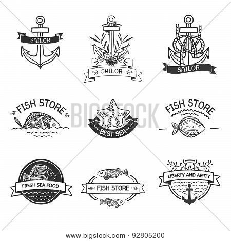 retro Vintage Insignias or Logotypes set with with fish, sea elements and ribbons. Vector design ele
