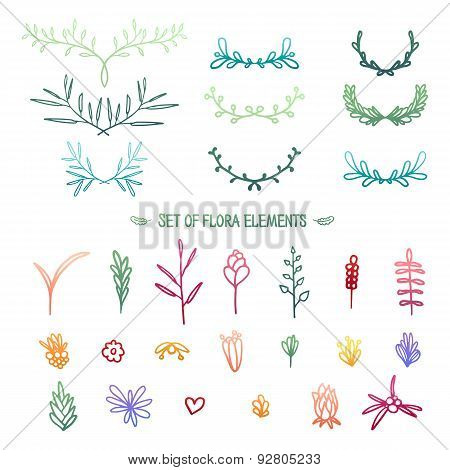 Set of gradient colored of plant elements. Twigs, flowers, plants, leaves, petals. Vector.