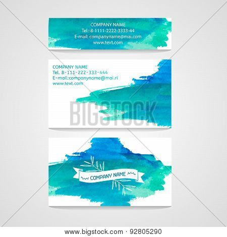 Business card template. Blue watercolor texture. Place for your text and logo. Vector.