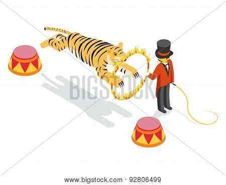 Tiger jumping through ring. Flat isometric 3d vector illustration