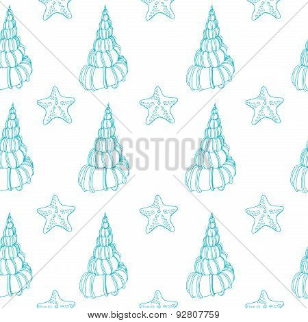 Seamless pattern with a pattern of shells and starfish. Doodle style. Vector