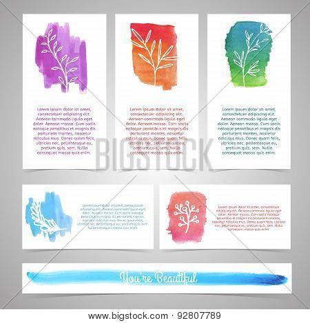 Set of templates for brochures, business cards, cards or invitations. Plant silhouettes on watercolo
