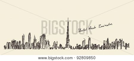 UAE Dubai City Skyline Hand Drawn, Engraved Vector