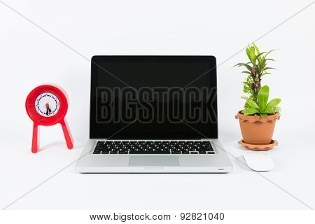 Laptop And Flower Pot Isolate