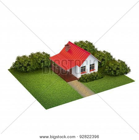 A Piece Of Land With Lawn With House And Bushes