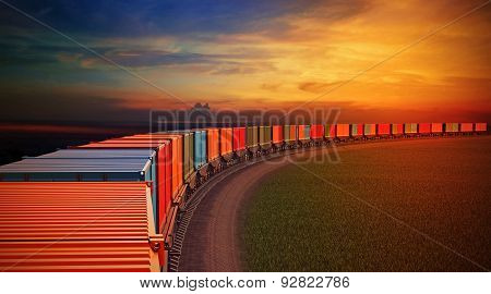 Wagon of freight train with containers on the sky background