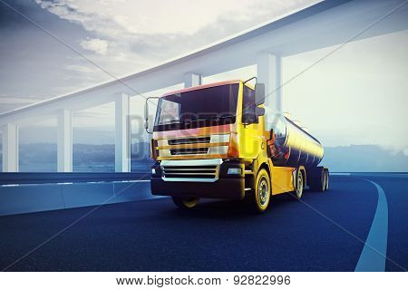 Orange truck with oil cistern on asphalt road highway - transportation background