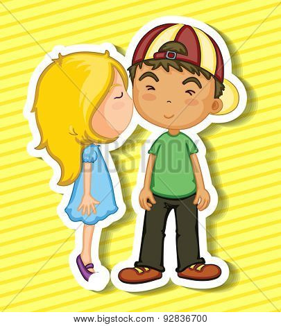 Sticker of a girl kissing a boy on his cheek