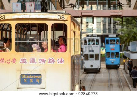 HONG KONG - JUNE 03, 2015: double-decker tram on street of HK. Hong Kong Tramways is a tram system in Hong Kong, being one of the earliest forms of public transport in the metropolis.