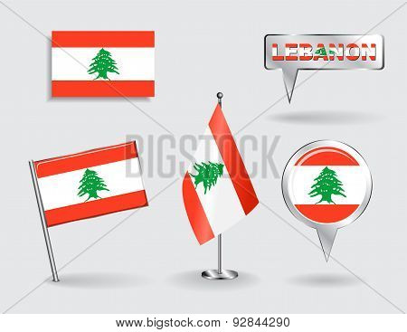 Set of Lebanese pin, icon and map pointer flags. Vector