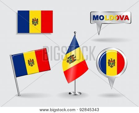 Set of Moldovan pin, icon and map pointer flags. Vector