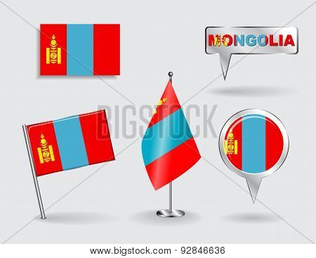 Set of Mongolian pin, icon and map pointer flags. Vector