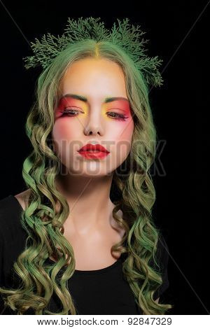 Stylish Woman With Dyed Hairs And Extravagant Makeup