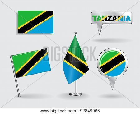 Set of Tanzanian pin, icon and map pointer flags. Vector