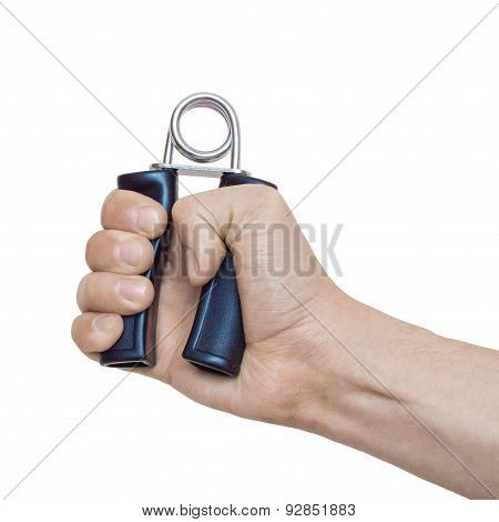 Hand Trainer With Steel Spring In Male Hand, Isolated On White
