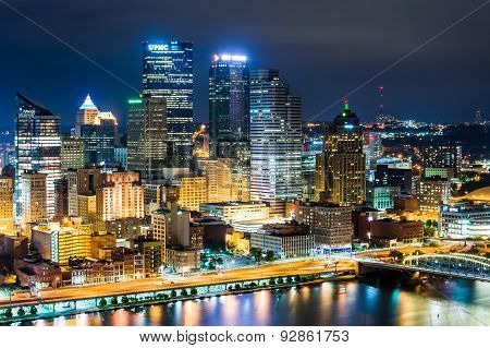 View Of Pittsburgh At Night From Grandview Avenue In Mount Washington, Pittsburgh, Pennsylvania.