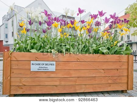 Sign by stone toll bridge on flower pot