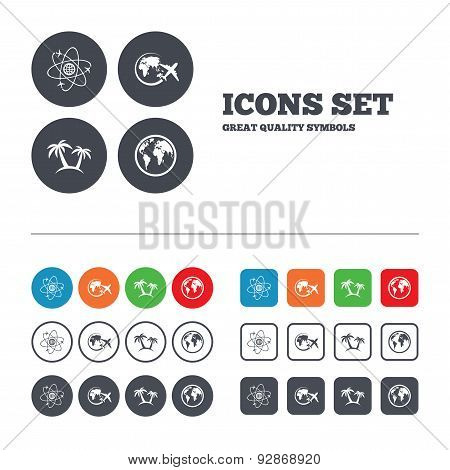 Travel trip icon. Airplane, world globe symbols.