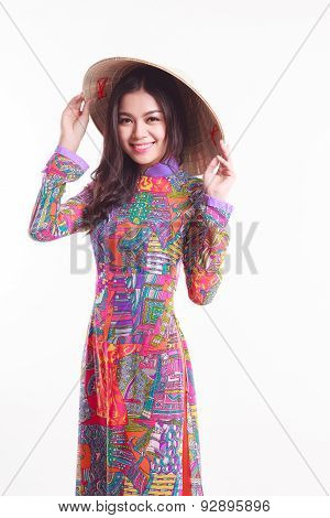 Beautiful Vietnamese Woman With Tradition Ao Dai With Modern Design And Palm-leaf Conical Hat ( Non