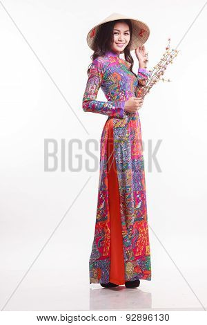 Beautiful Vietnamese Woman With Tradition Ao Dai With Modern Design And Palm-leaf Conical Hat ( Non