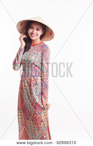 Beautiful Vietnamese Young Woman With Modern Style Ao Dai And Palm-leaf Conical Hat ( Non La ) On Wh