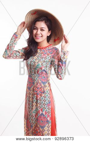 Beautiful Vietnamese Young Woman With Modern Style Ao Dai And Palm-leaf Conical Hat ( Non La ) On Wh