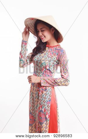 Beautiful Vietnamese Young Woman With Modern Style Ao Dai And Palm-leaf Conical Hat ( Non La ) On Wh