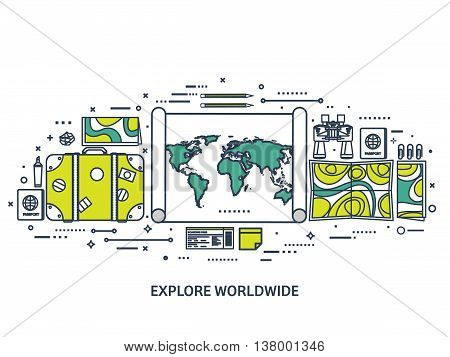 Travel and tourism. Flat style. World, earth map. Globe. Trip, tour, journey, summer holidays. Travelling, exploring worldwide. Adventure, expedition. Table, workplace. Traveler. Navigation or route planning.Line art.