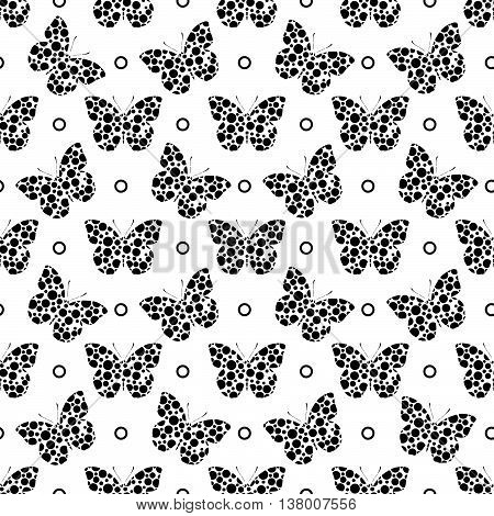 Seamless butterfly pattern. Butterflies made from a black circles on a white background.