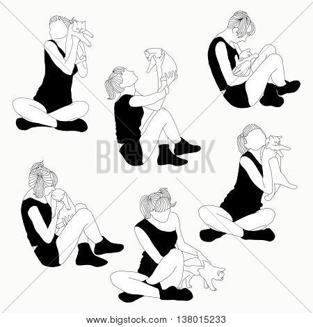 Set of silhouette of young girl with a cat. Young girl with a cat in her arms sitting cross-legged.