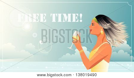 Woman with a glass of wine resting on the sea - vector illustration