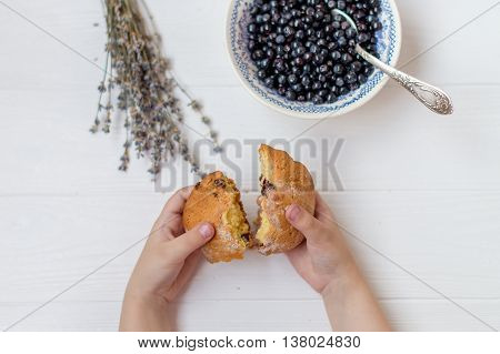 A flat lay of a blueberry bowl flowers of lavender and children's hands breaking open a cupcake on a white background