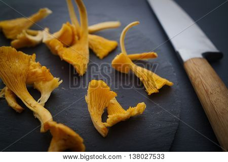 Colorful orange freshly picked chanterelle forrest mushrooms on dark stone slate surface with knife. Selective focus.