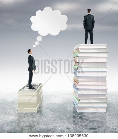 Two businessman standing on stack of book and thinking. 3D Rendering