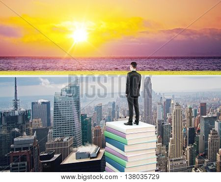 businessman standing on stack of book and looking to ocean view.