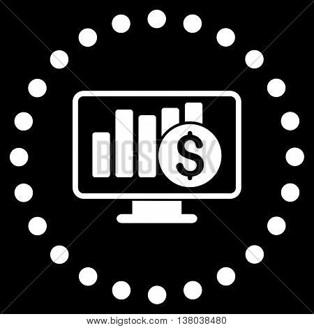 Stock Market Monitoring vector icon. Style is flat circled symbol, white color, rounded angles, black background.