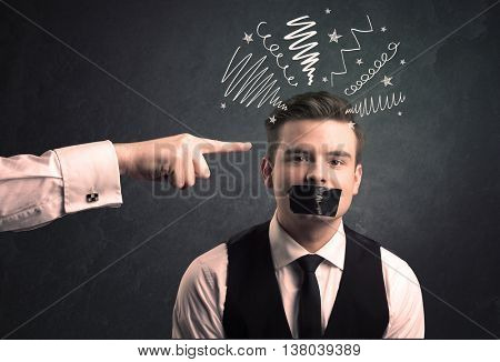 Caucasian business hand pointing at uncumprehended employee