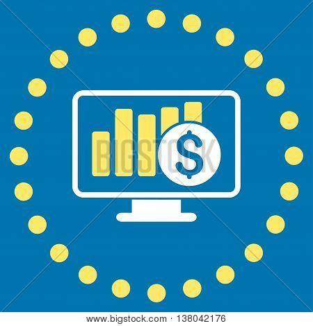 Stock Market Monitoring vector icon. Style is bicolor flat circled symbol, yellow and white colors, rounded angles, blue background.