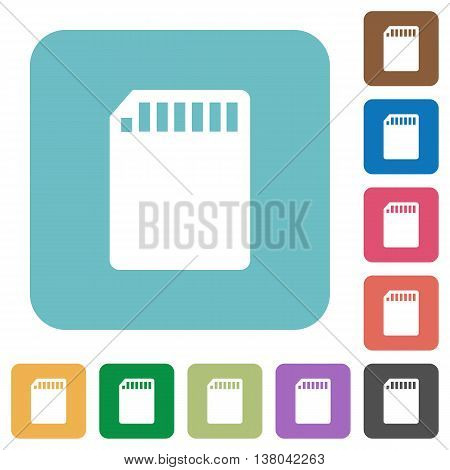 Flat SD memory card icons on rounded square color backgrounds.