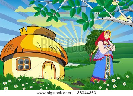 Rural landscape, hut on the hill, nature,girl, woman, summer, vector background