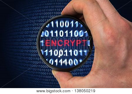 Computer security and encryption concept. Encrypt word inside magnifying glass in binary code.