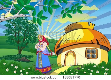 Rural landscape, hut on the hill, nature,girl, woman, summer, vector background