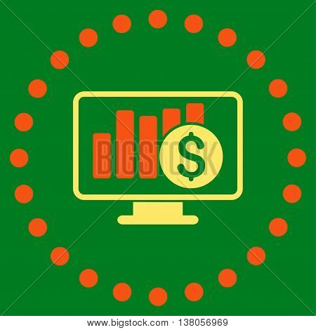Stock Market Monitoring vector icon. Style is bicolor flat circled symbol, orange and yellow colors, rounded angles, green background.